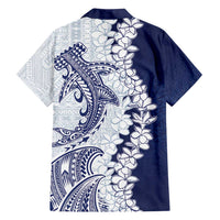 Polynesian Navy Blue Plumeria Lei Family Matching Off Shoulder Short Dress and Hawaiian Shirt with Hammerhead Shark