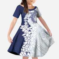 Polynesian Navy Blue Plumeria Lei Family Matching Short Sleeve Bodycon Dress and Hawaiian Shirt with Hammerhead Shark LT7 Daughter's Dress Navy Blue - Polynesian Pride