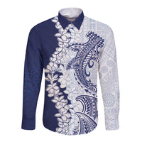 Polynesian Navy Blue Plumeria Lei Long Sleeve Button Shirt with Hammerhead Shark LT7 Unisex Navy Blue - Polynesian Pride