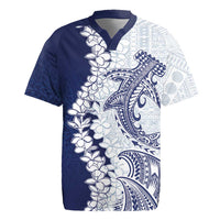 Polynesian Navy Blue Plumeria Lei Rugby Jersey with Hammerhead Shark