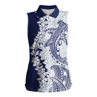 Polynesian Navy Blue Plumeria Lei Women Sleeveless Polo Shirt with Hammerhead Shark