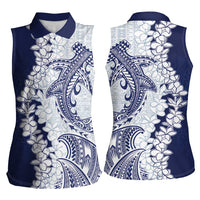 Polynesian Navy Blue Plumeria Lei Women Sleeveless Polo Shirt with Hammerhead Shark
