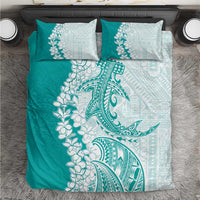 Polynesian Teal Plumeria Lei Bedding Set with Hammerhead Shark