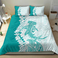Polynesian Teal Plumeria Lei Bedding Set with Hammerhead Shark