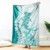 Polynesian Teal Plumeria Lei Blanket with Hammerhead Shark