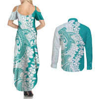 Polynesian Teal Plumeria Lei Couples Matching Summer Maxi Dress and Long Sleeve Button Shirt with Hammerhead Shark