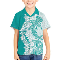 Polynesian Teal Plumeria Lei Family Matching Short Sleeve Bodycon Dress and Hawaiian Shirt with Hammerhead Shark