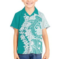 Polynesian Teal Plumeria Lei Family Matching Tank Maxi Dress and Hawaiian Shirt with Hammerhead Shark LT7 Son's Shirt Teal - Polynesian Pride