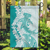 Polynesian Teal Plumeria Lei Garden Flag with Hammerhead Shark