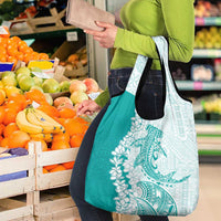 Polynesian Teal Plumeria Lei Grocery Bag with Hammerhead Shark