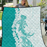 Polynesian Teal Plumeria Lei Quilt with Hammerhead Shark