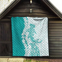Polynesian Teal Plumeria Lei Quilt with Hammerhead Shark
