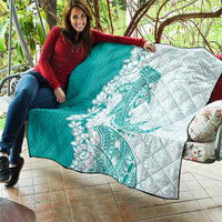 Polynesian Teal Plumeria Lei Quilt with Hammerhead Shark