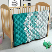 Polynesian Teal Plumeria Lei Quilt with Hammerhead Shark