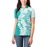 Polynesian Teal Plumeria Lei Women Polo Shirt with Hammerhead Shark