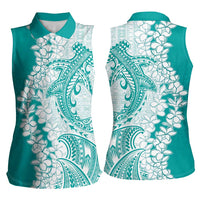 Polynesian Teal Plumeria Lei Women Sleeveless Polo Shirt with Hammerhead Shark