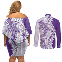 Polynesian Purple Plumeria Lei Couples Matching Off Shoulder Short Dress and Long Sleeve Button Shirt with Hammerhead Shark