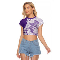 Polynesian Purple Plumeria Lei Raglan Cropped T Shirt with Hammerhead Shark