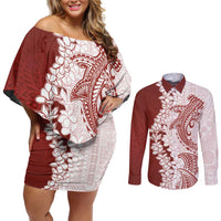Polynesian Crimson Plumeria Lei Couples Matching Off Shoulder Short Dress and Long Sleeve Button Shirt with Hammerhead Shark