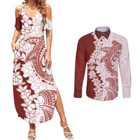 Polynesian Crimson Plumeria Lei Couples Matching Summer Maxi Dress and Long Sleeve Button Shirt with Hammerhead Shark