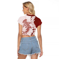 Polynesian Crimson Plumeria Lei Raglan Cropped T Shirt with Hammerhead Shark