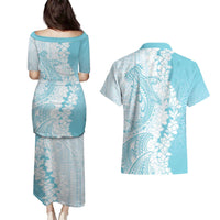 Polynesian Turquoise Plumeria Lei Couples Matching Puletasi and Hawaiian Shirt with Hammerhead Shark LT7 - Polynesian Pride