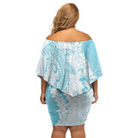 Polynesian Turquoise Plumeria Lei Family Matching Off Shoulder Short Dress and Hawaiian Shirt with Hammerhead Shark