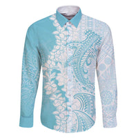 Polynesian Turquoise Plumeria Lei Family Matching Tank Maxi Dress and Hawaiian Shirt with Hammerhead Shark LT7 Dad's Shirt - Long Sleeve Turquoise - Polynesian Pride