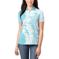 Polynesian Turquoise Plumeria Lei Women Polo Shirt with Hammerhead Shark