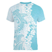 Polynesian Turquoise Plumeria Lei Women V-Neck T-Shirt with Hammerhead Shark