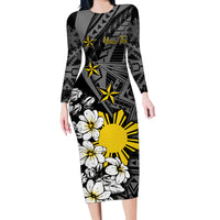 Philippines Sampaguita Personalised Family Matching Long Sleeve Bodycon Dress and Hawaiian Shirt Women's Day LT7 Mom's Dress Black - Polynesian Pride