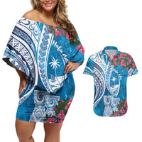 Hafa Adai Guam Couples Matching Off Shoulder Short Dress and Hawaiian Shirt Crystal Waves