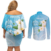 Personalized Guam Chamorro Couples Matching Off Shoulder Short Dress and Long Sleeve Button Shirt Turtles and Guasali Flowers