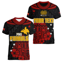 Personalised PNG Kumuls Rugby Women V Neck T Shirt Motuan Mix Patterns LT7 Female Black - Polynesian Pride