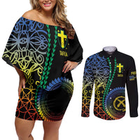 Proudly Ni-Van Sandroing Inspired Couples Matching Off Shoulder Short Dress and Long Sleeve Button Shirt Tafea Classic Style