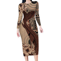Bula Fiji Family Matching Long Sleeve Bodycon Dress and Hawaiian Shirt Shark Tail Beige Masi Tapa