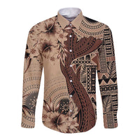 Bula Fiji Long Sleeve Button Shirt Shark Tail Beige Masi Tapa
