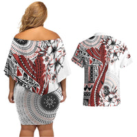 Bula Fiji Couples Matching Off Shoulder Short Dress and Hawaiian Shirt Shark Tail White Masi Tapa