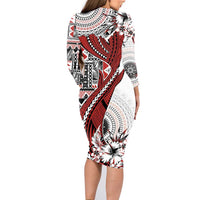 Bula Fiji Family Matching Long Sleeve Bodycon Dress and Hawaiian Shirt Shark Tail White Masi Tapa