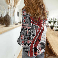 Bula Fiji Women Casual Shirt Shark Tail White Masi Tapa LT7 - Polynesian Pride