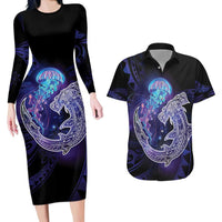 Polynesian Aumakua Couples Matching Long Sleeve Bodycon Dress and Hawaiian Shirt Jellyfish with Shark - Polynesian Pride