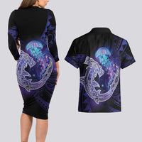 Polynesian Aumakua Couples Matching Long Sleeve Bodycon Dress and Hawaiian Shirt Jellyfish with Shark - Polynesian Pride