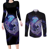 Polynesian Aumakua Couples Matching Long Sleeve Bodycon Dress and Long Sleeve Button Shirt Jellyfish with Shark - Polynesian Pride