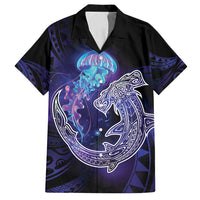 Polynesian Aumakua Family Matching Long Sleeve Bodycon Dress and Hawaiian Shirt Jellyfish with Shark LT7 Dad's Shirt - Short Sleeve Teal Purple - Polynesian Pride