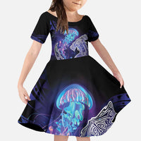 Polynesian Aumakua Family Matching Mermaid Dress and Hawaiian Shirt Jellyfish with Shark LT7 Daughter's Dress Teal Purple - Polynesian Pride
