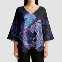 Polynesian Aumakua Kimono Sleeve Blouse Jellyfish with Shark - Polynesian Pride