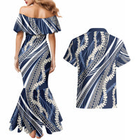 Polynesian Puakeniken Pikake Twisted Lei Couples Matching Mermaid Dress and Hawaiian Shirt Navy Blue - Polynesian Pride