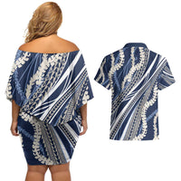 Polynesian Puakeniken Pikake Twisted Lei Couples Matching Off Shoulder Short Dress and Hawaiian Shirt Navy Blue - Polynesian Pride