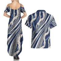 Polynesian Puakeniken Pikake Twisted Lei Couples Matching Summer Maxi Dress and Hawaiian Shirt Navy Blue - Polynesian Pride