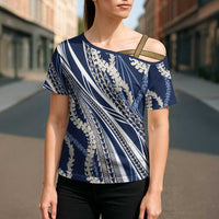 Polynesian Puakeniken Pikake Twisted Lei Cross Shoulder Shirt Navy Blue - Polynesian Pride